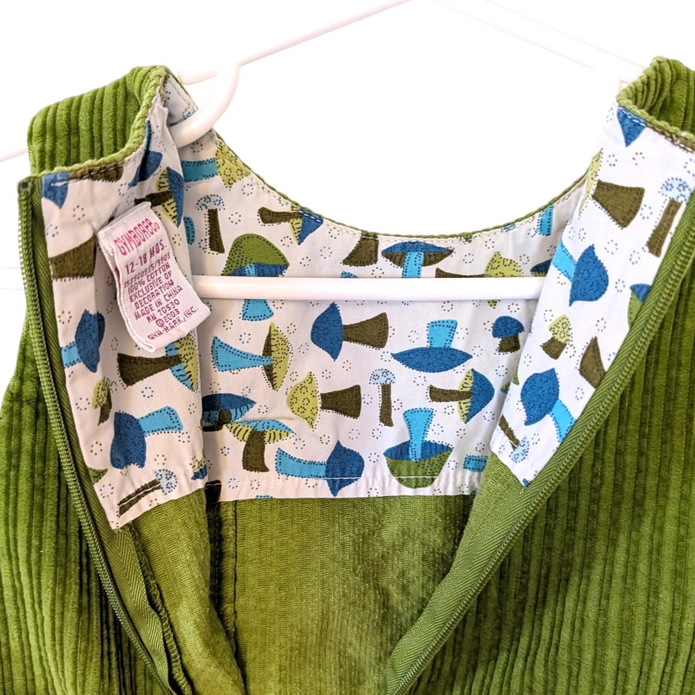 Gymboree VTG Green Corduroy Pinafore Dress 12-18 Mos Mouse Hide & Seek Pocket - Picture 5 of 8